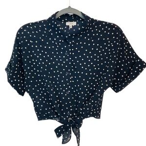 LUCCA couture women's button blouse top sheer polkadot tie navy blue white small